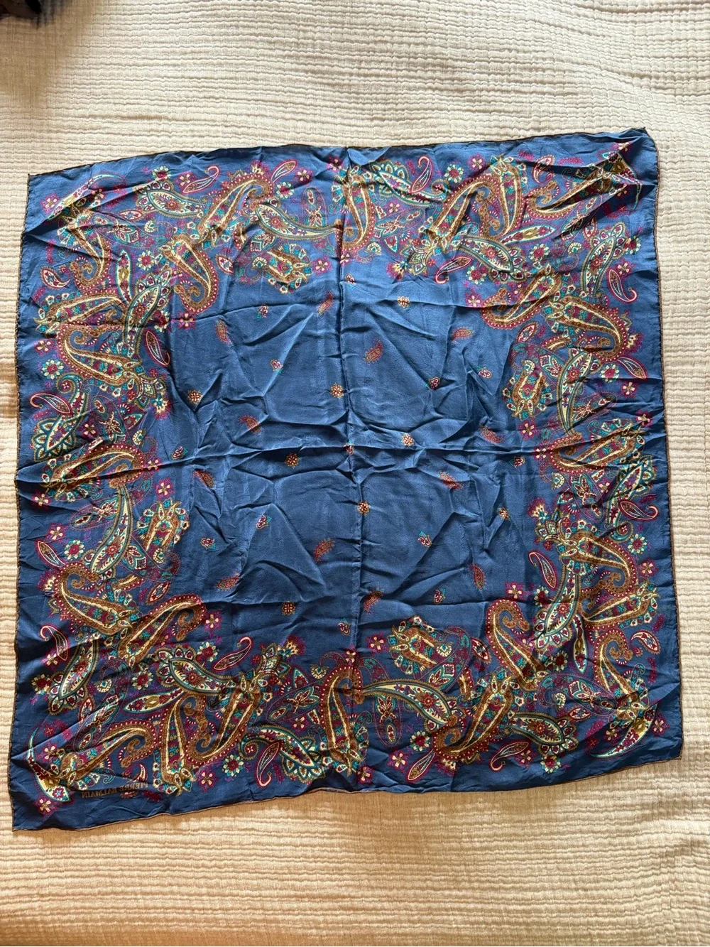 BALMAIN Vintage Navy Paisley Silk-Blend Scarf with Gold & Teal Accents, 30x30